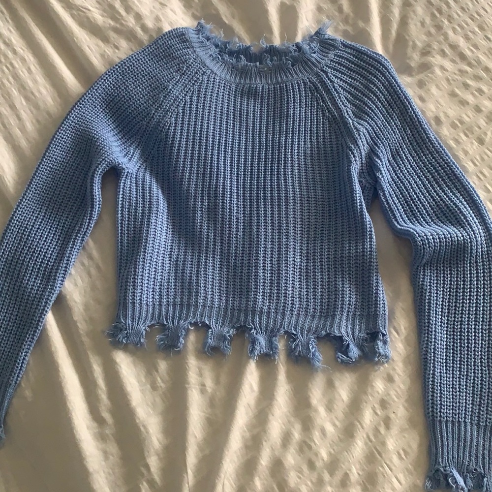 Light Blue Distressed Crop Sweater